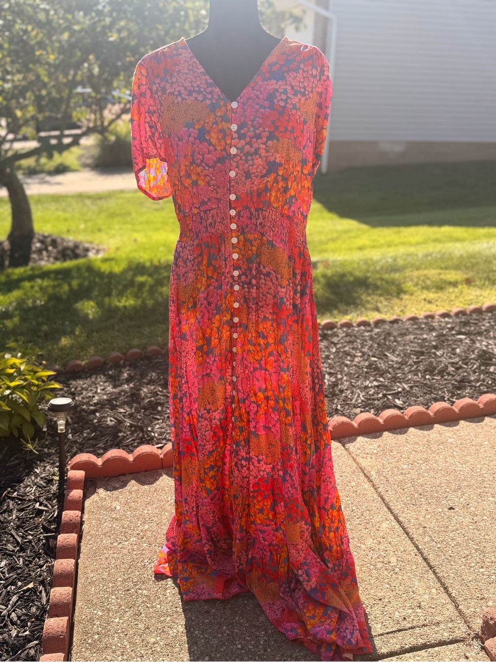 Vibrant Pink & Orange Floral V-Neck Button-Front Maxi Dress